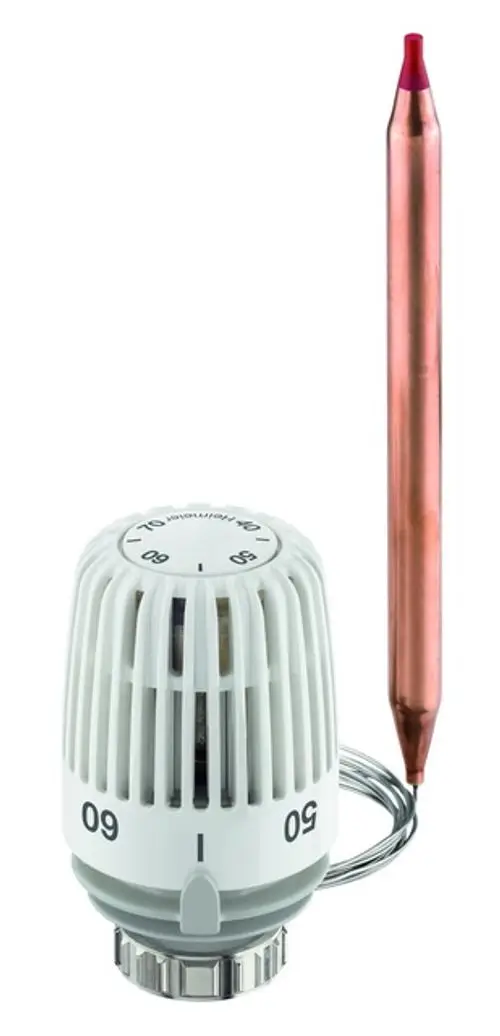 Thermostatkopf von IMI Hydronic Engineering, ausgestattet mit Anlegefühler, zeigt Skala für Temperaturregelung von 20 bis 50 Grad Celsius.